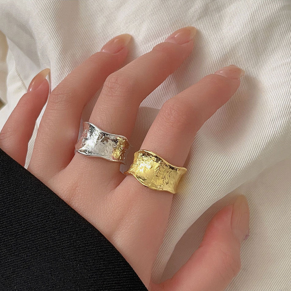 Anillo de plata de ley 925 irregular texturizado con efecto agua, anillo de banda abierta, joyería de moda para uso diario