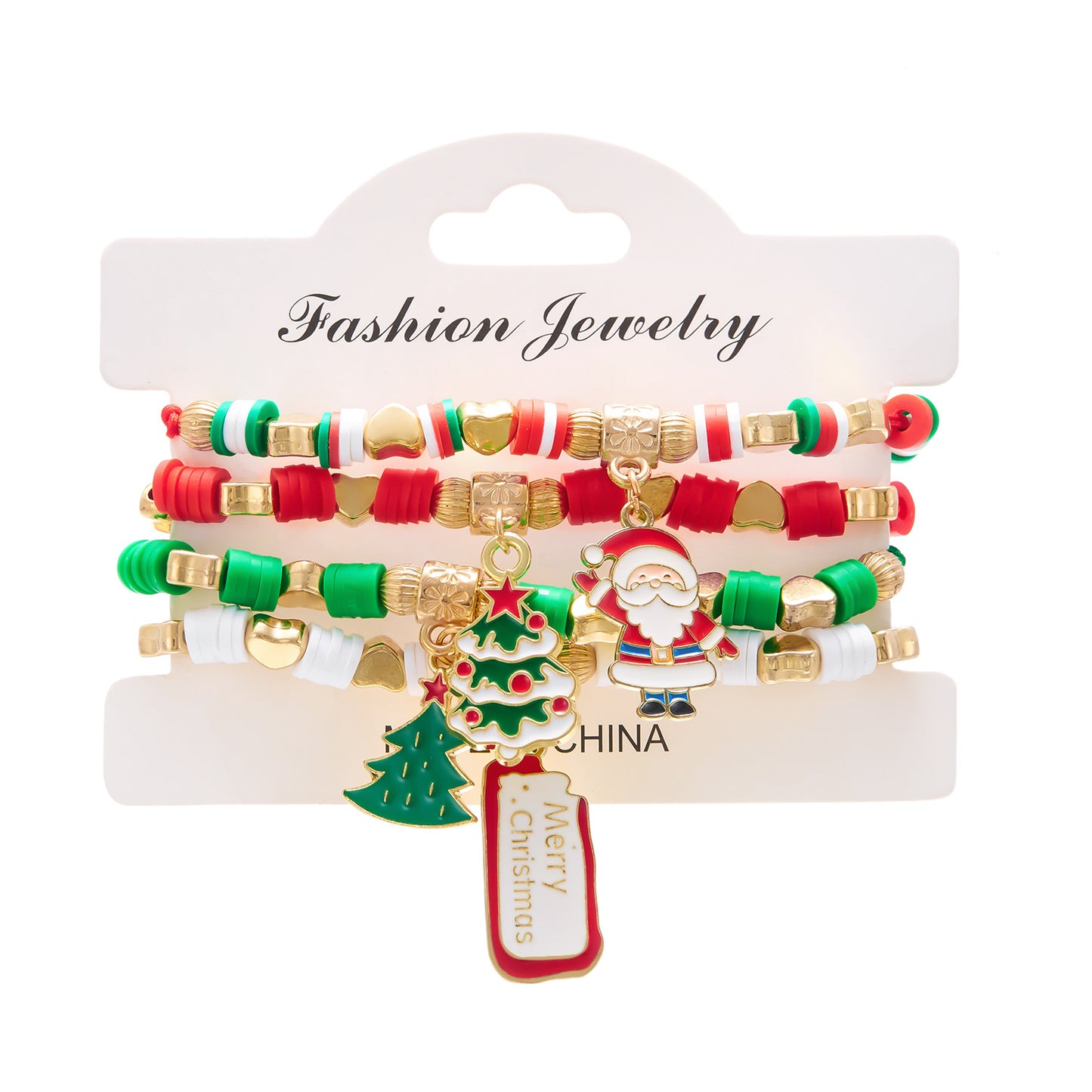 Juego de Pulseras Artesanales Navideñas con Dijes de Papá Noel y Renos en Resina, Arcilla Polimérica y Aleación con Detalles de Cristal y Vidrio para Mujer