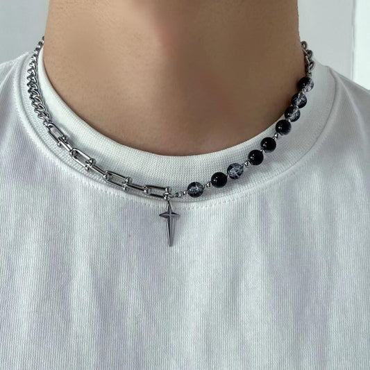Colgante de cruz y estrella estilo Hip-Hop con detalles de cuentas de grietas de hielo, collar de acero de titanio para hombre, cadena de medallón minimalista unisex