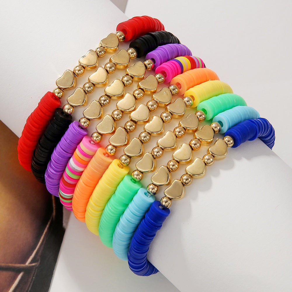 Bohemian Multi-Layer Heart Geometric Resin Brass Acrylic Bracelet Set with Letter Elements