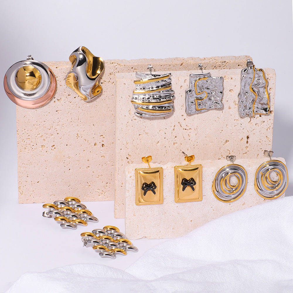 Geometric Stainless Steel Earrings with 18K Gold Plating, Bowknot Texture and Irregular Folded Design for Women