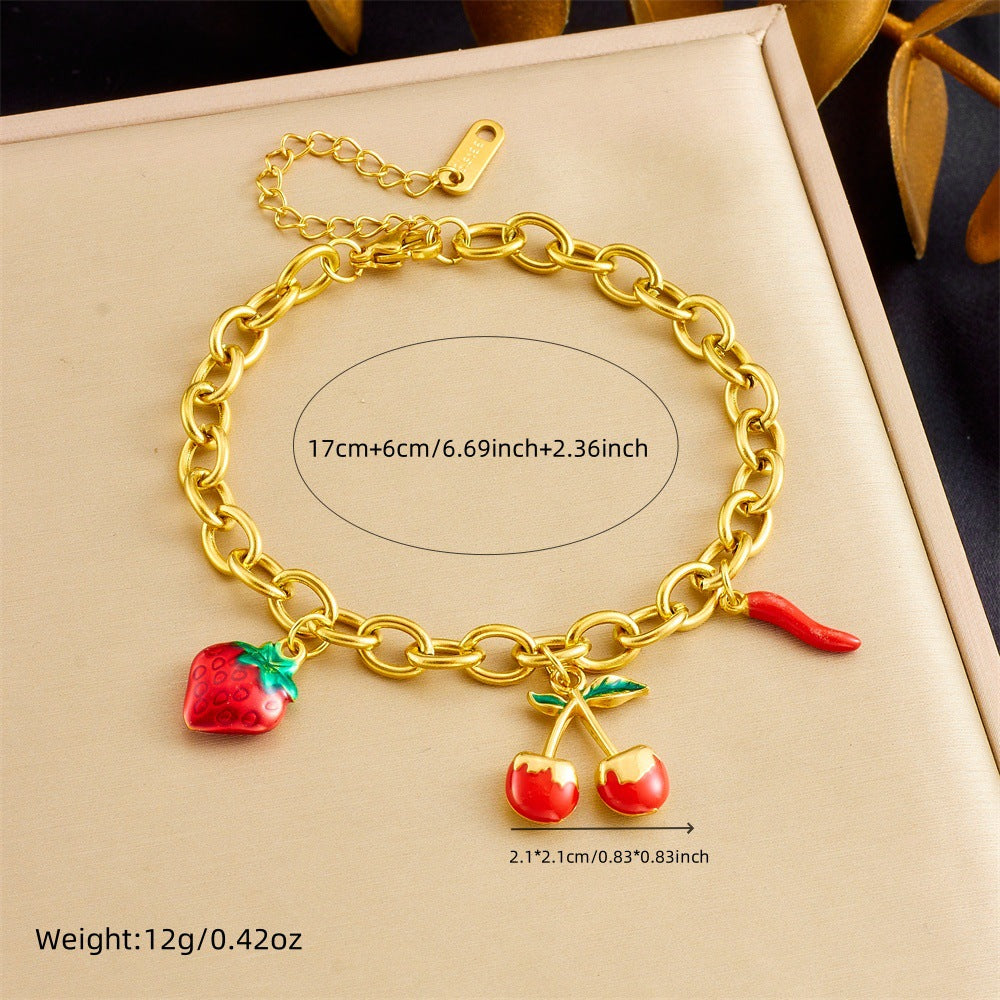 Bracciale da donna con ciondolo a lucchetto a cuore in ciliegio, stile dolce foresta, in acciaio inossidabile placcato oro, gioielli estivi