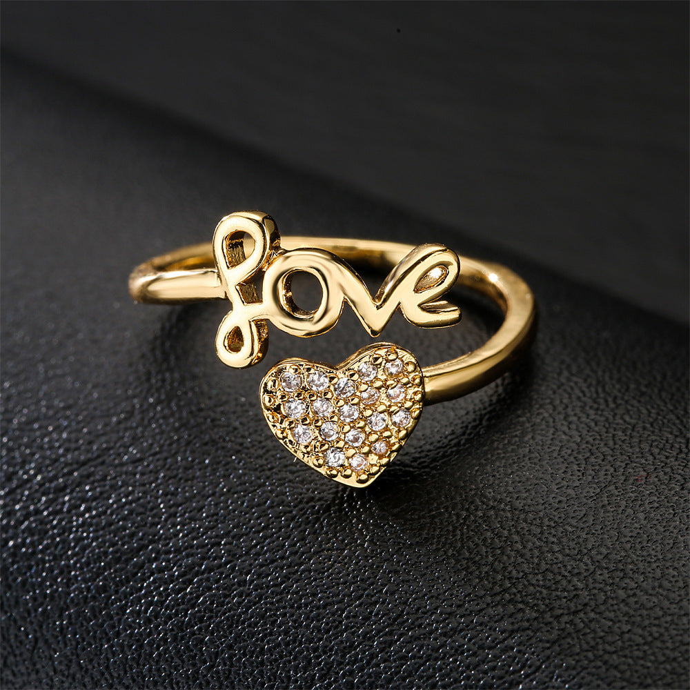 Elegant 18K Gold Plated Heart Geometric Brass Ring with Micro-Inlaid Cubic Zirconia for Women