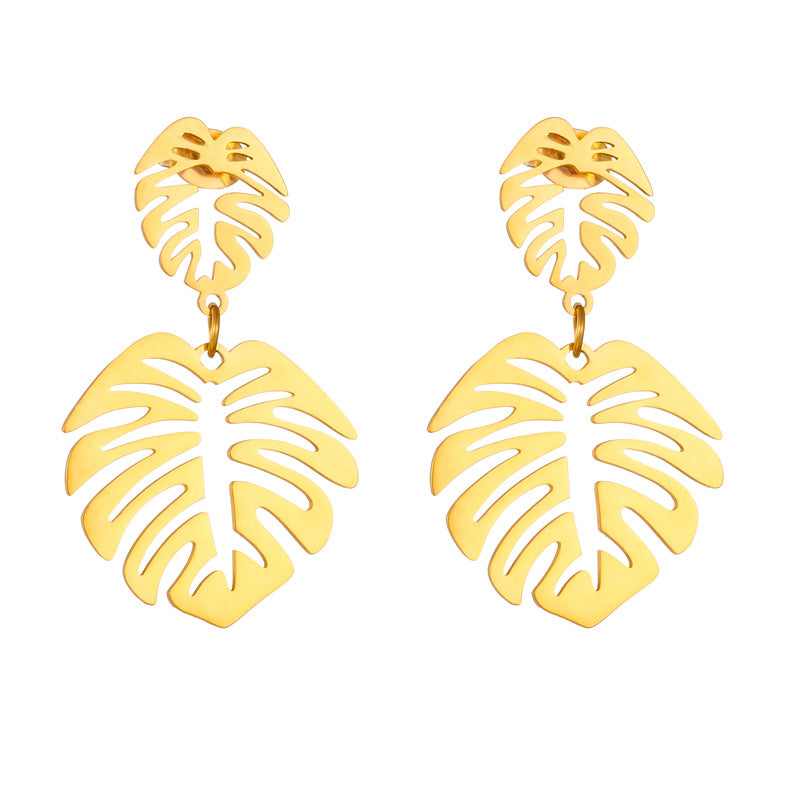 Minimalist Vintage-Inspired Leaf-Shaped Titanium Steel Earrings with Gold Plating for Women