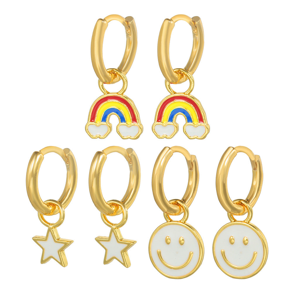 Vintage Geometric Round Brass Drip Oil Earrings with Cubic Zirconia