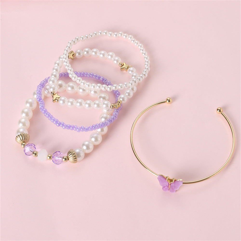 Set di braccialetti in resina a forma di farfalla, in stile minimalista, per bambini con accenti di perle, collezione di accessori da polso freschi e affascinanti
