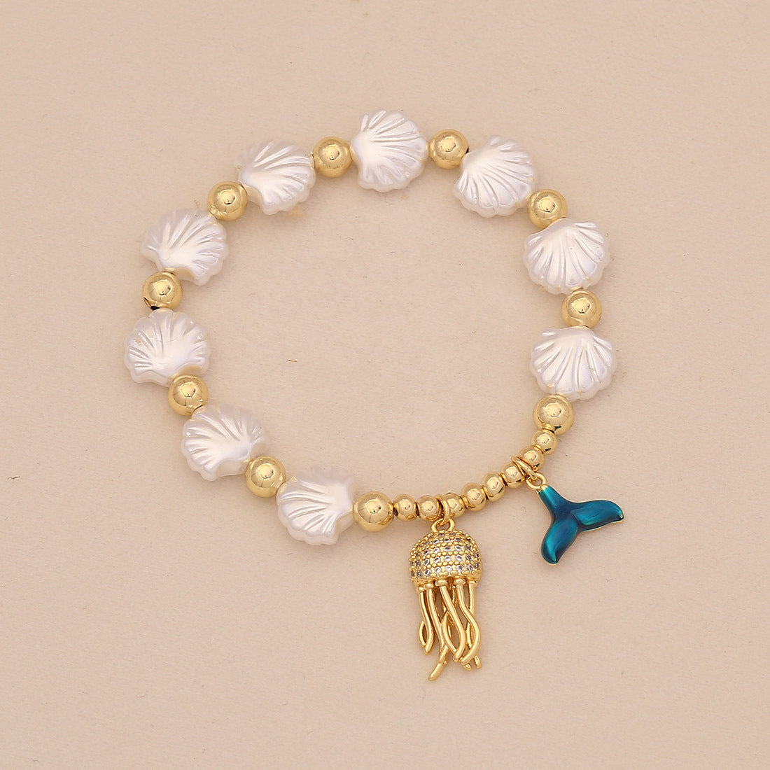Braccialetto Artigianale Originale in Rame e Plastica con Perline Imitazione Perla, Stella Marina, Conchiglia, Tartaruga Placcato Oro 18K Gioielli da Donna