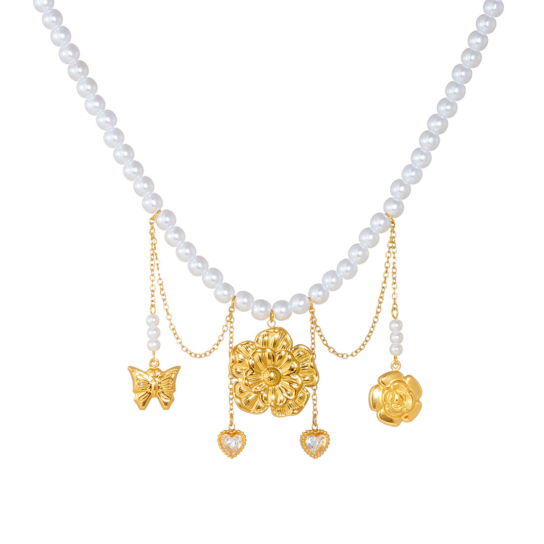 Vintage Elegant Gold Plated Stainless Steel Heart Star Moon Sun Floral Butterfly Rhinestone Pearl Tassel Necklace