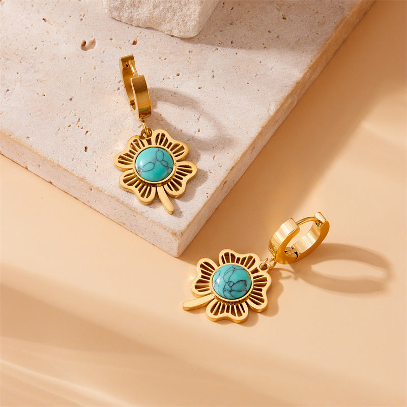 Vintage Fashion Stainless Steel Clover Round Turquoise Pendant Earrings