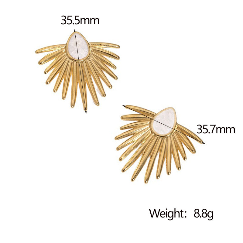Fashion Geometric Fan Shape Stainless Steel Earrings with 18K Gold Plating and Enamel Drop Oil Finish for Women