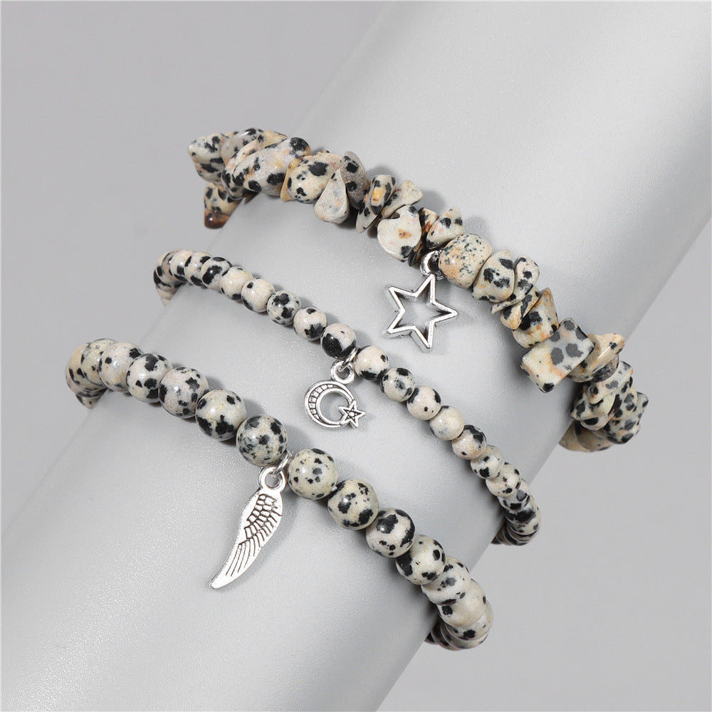 Vintage Amethyst Crystal Chip Beads Bracelet with Star Moon Pendant Geometric Irregular Stone Elastic Multi-Layer Bracelet for Women