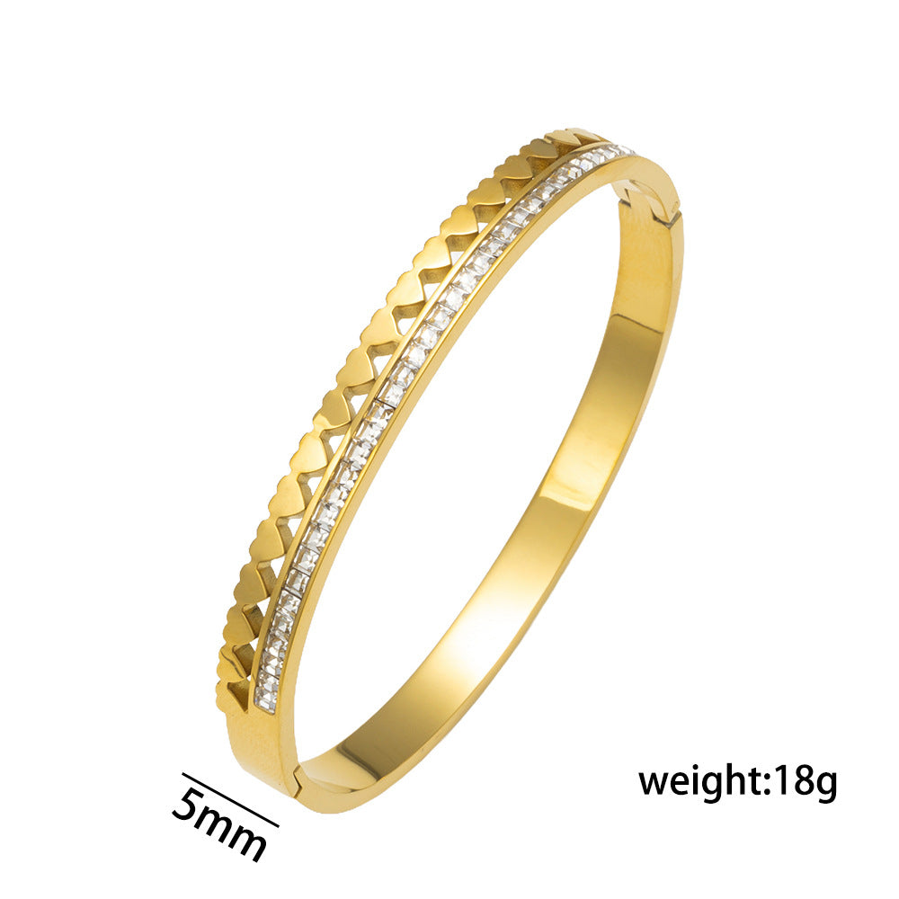 Fashion Stainless Steel Heart-Shaped Tennis Bracelet with Full Rhinestone Inlay for Women