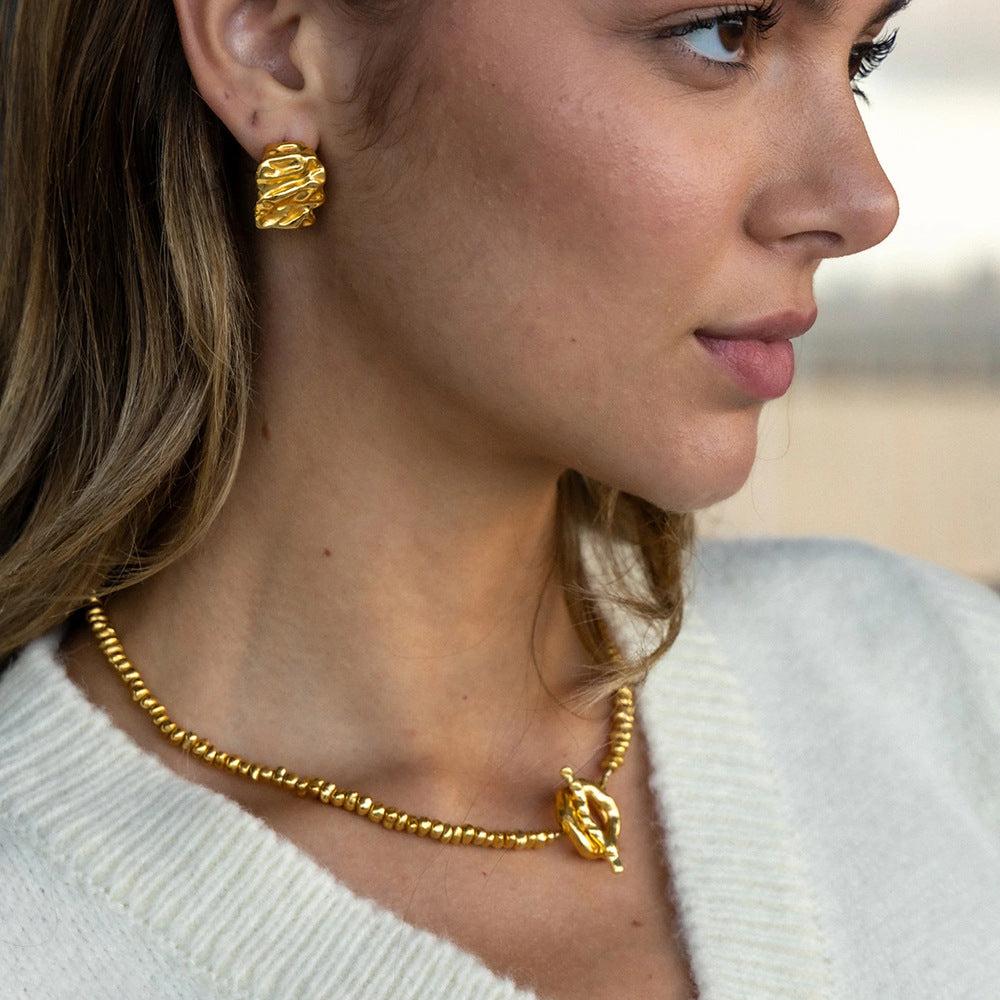 Vintage Geometric Stainless Steel Earrings with 18K Gold Plating for Women, Hypoallergenic Lava-Inspired Hoop Design