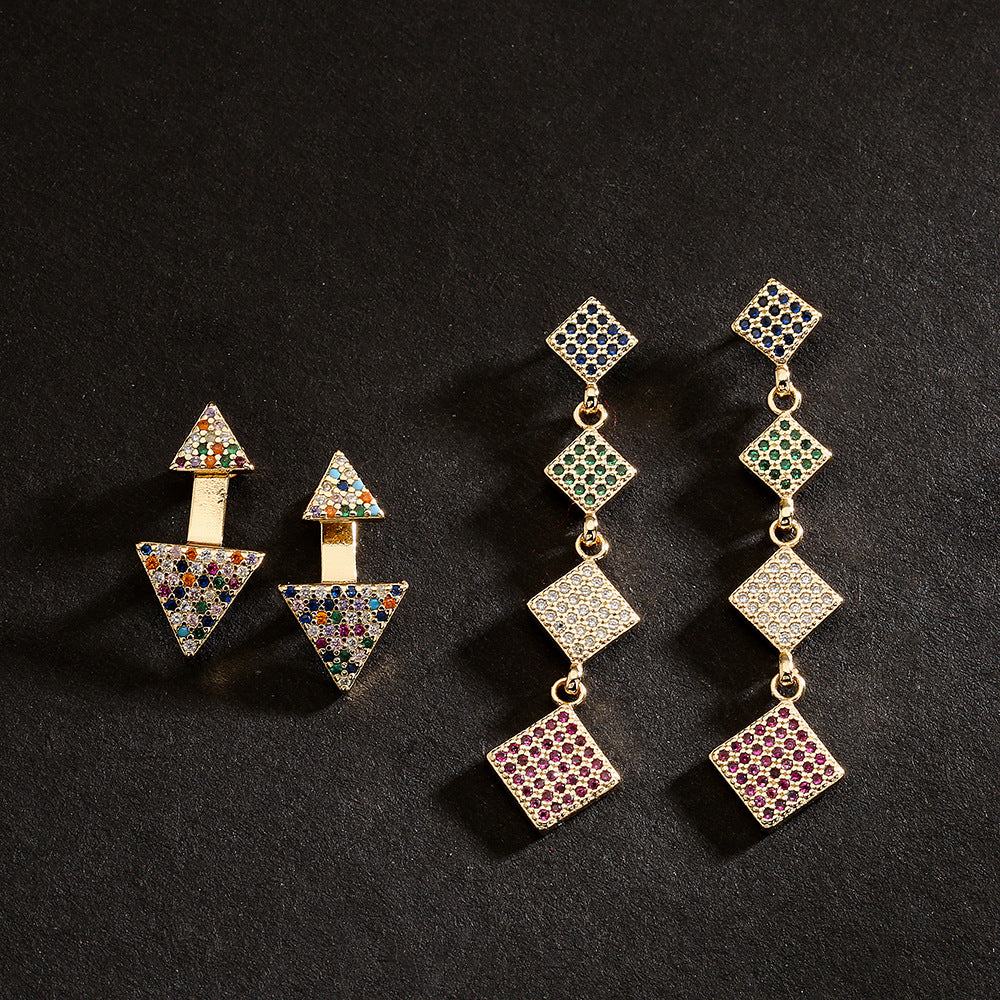 Minimalist Geometric Copper Stud Earrings with 18K Gold Plating and Colored Zirconia