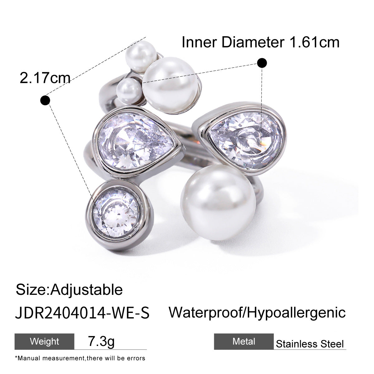 Anello aperto da donna in acciaio inossidabile placcato oro 18 carati con zircone bianco irregolare e perle d'imitazione stile Ins