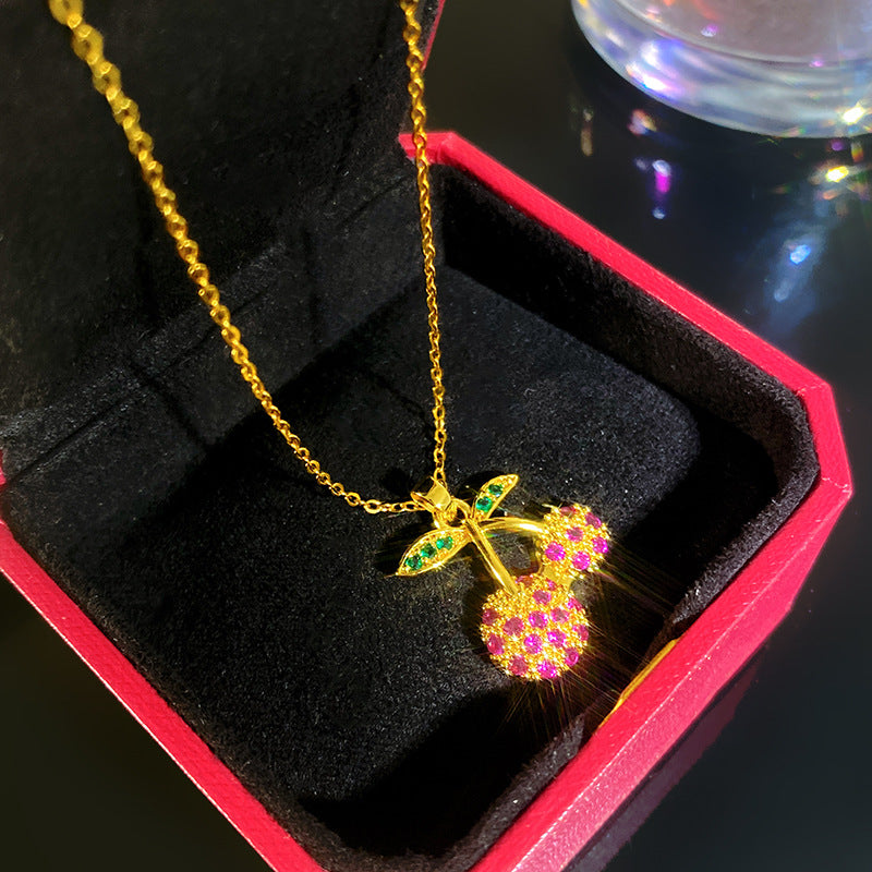 Sporty Sweet Micro-Set Cubic Zirconia Fruit Square Pendant Titanium Steel Cable Chain Necklace