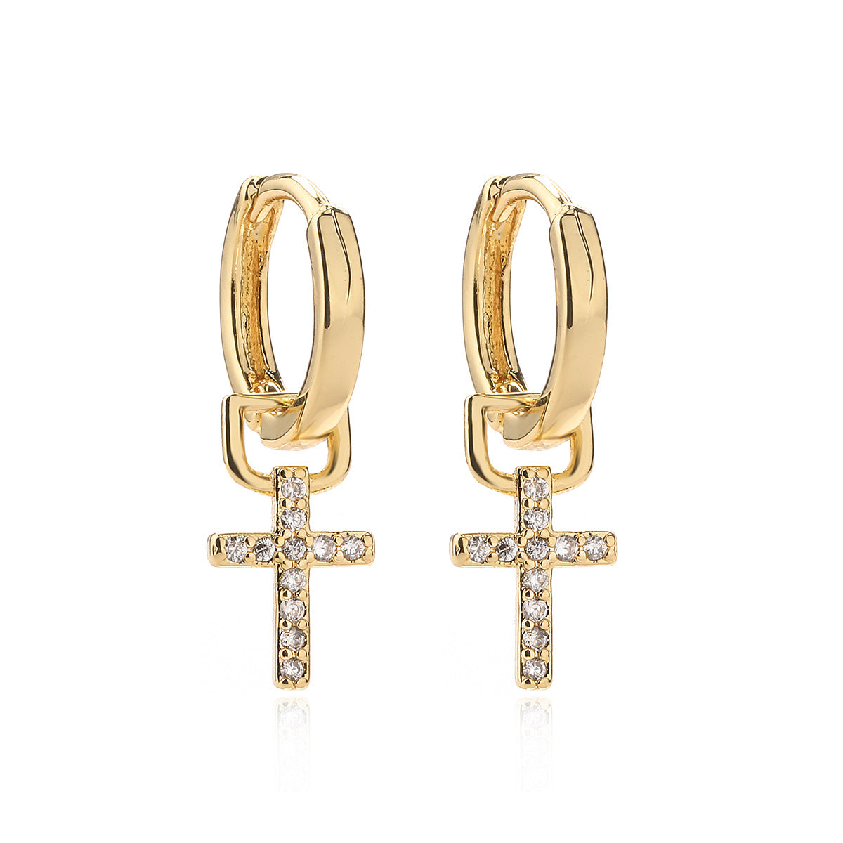 Orecchini da donna minimalisti a croce in rame con placcatura in oro vero e intarsio di zirconi