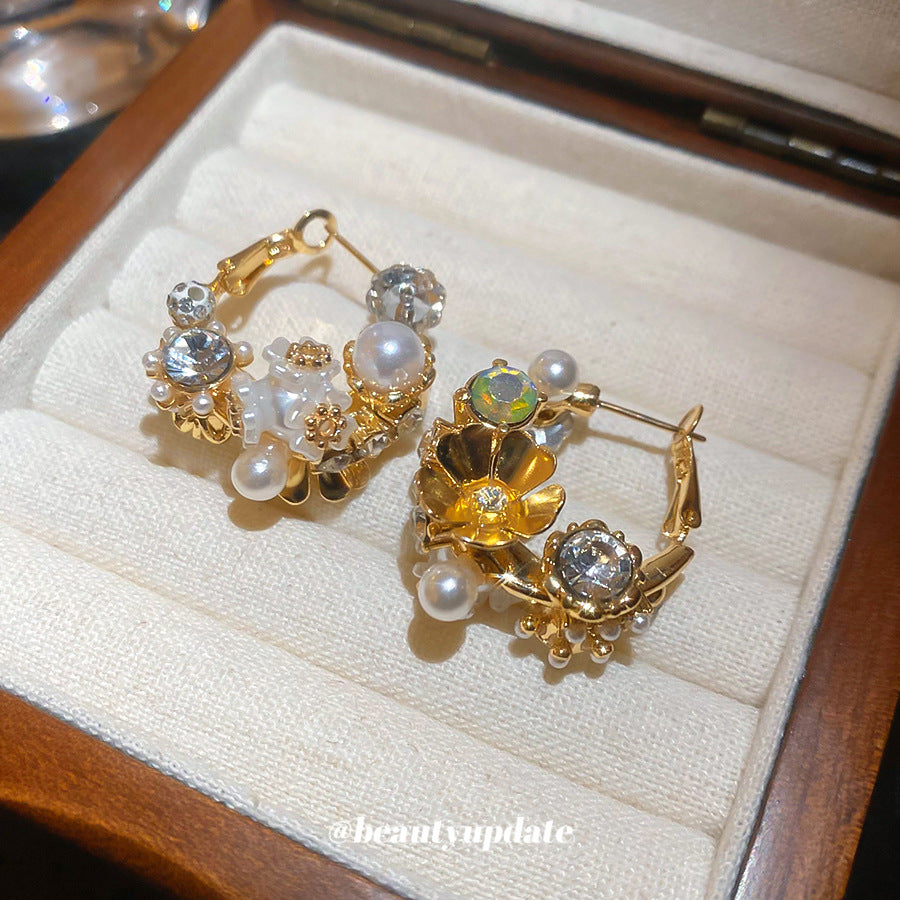 Orecchini Eleganti Francesi Vintage Floreali con Perle e Intarsi di Strass da Donna