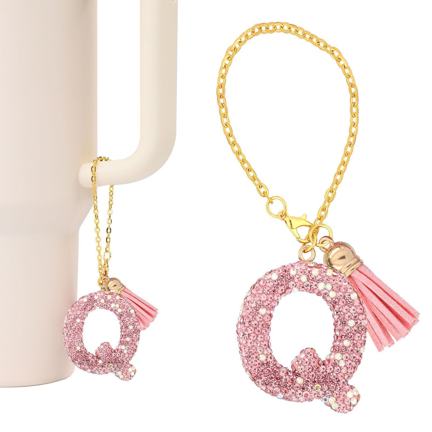 Minimalist Geometric Letter Ceramic Pendant with Gold Adjustable Chain Pink Tassel and Glitter Sequins