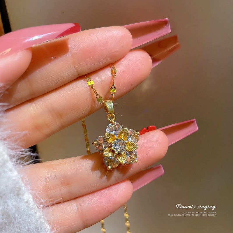 Cartoon-Style Geometric Snowflake Zircon Pendant Necklace for Women in Titanium Steel with Micro-Pavé Setting and Clavicle Chain
