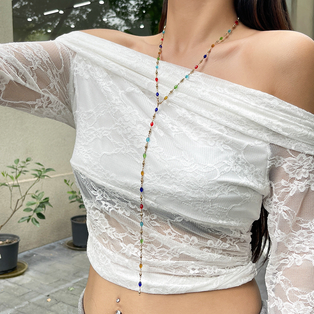 Minimalist Geometric Drip Oil Brass Tassel Y-Shape Multi-Layer Necklace for Women