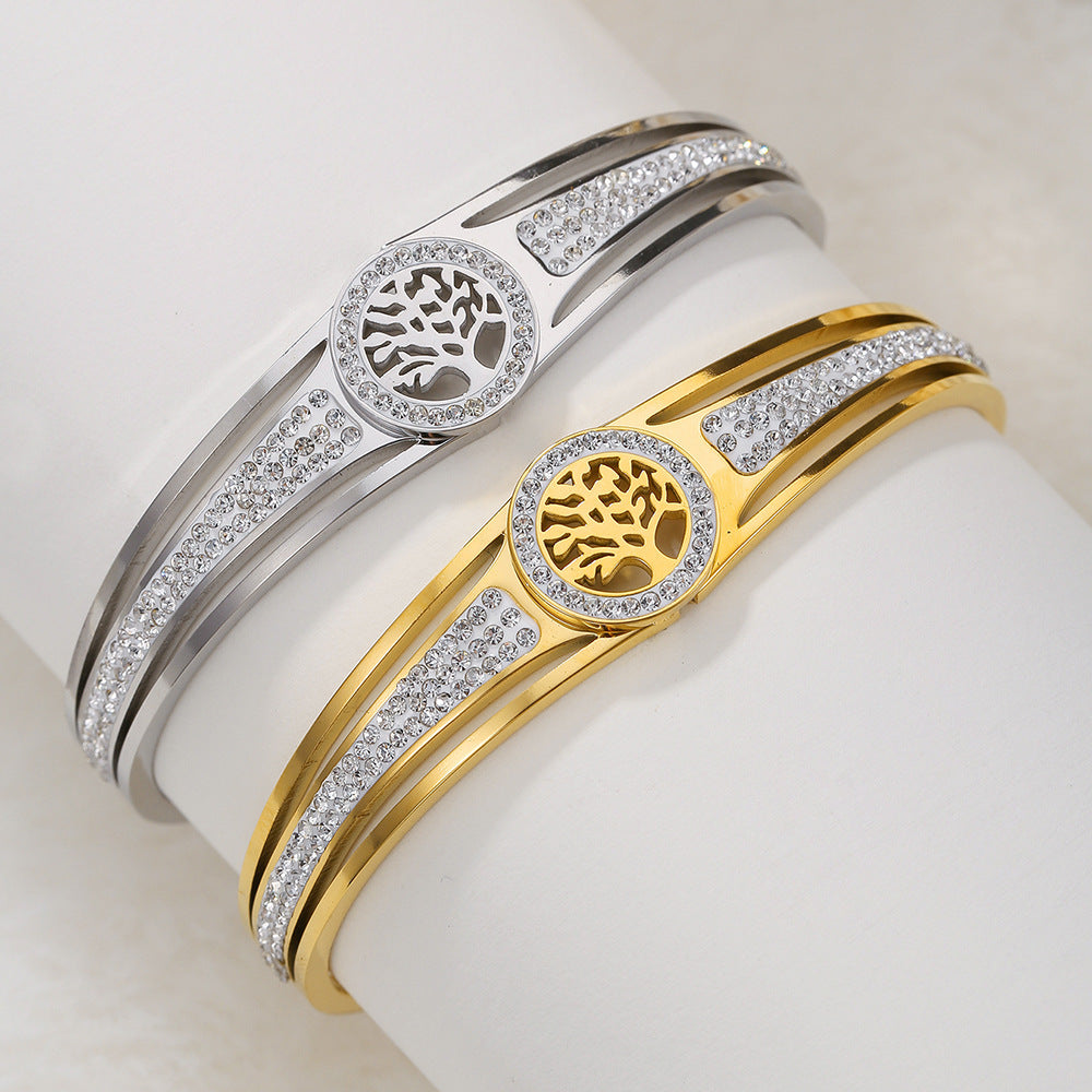 Hollow Geometric Floral Cubic Zirconia Inlay Plated Stainless Steel Tree of Life Bracelet