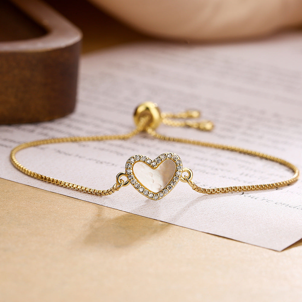 Bracciale da donna minimalista con cuore placcato oro, in rame, regolabile con cordino e zirconia micro-pavé