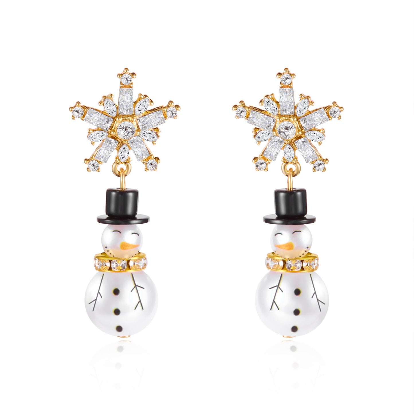 Lindos aretes de muñeco de nieve navideño con circonitas y perlas sintéticas incrustadas en aleación con acabado chapado para mujer