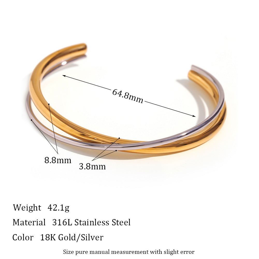 Minimalist Fashion Bracelet for Women Stainless Steel Double-Layer Cross-Over Cuff with 18K Gold Plating