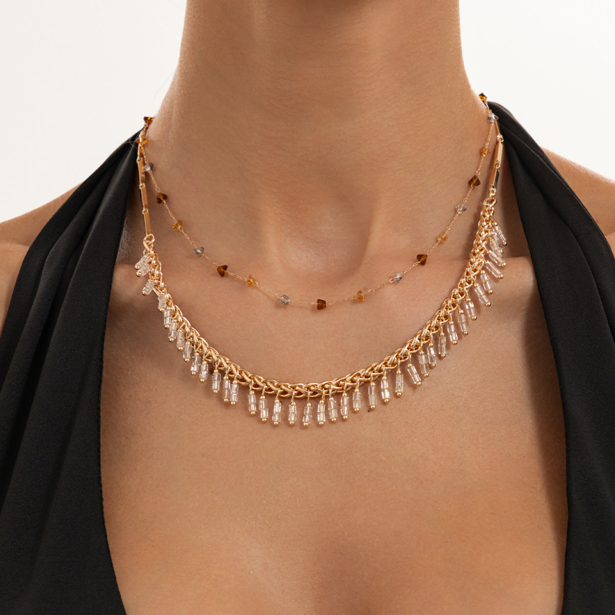 Minimalist Luxury Geometric Crystal Pendant Plated Alloy Necklace for Women