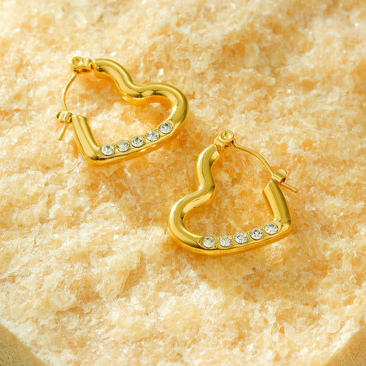Orecchini a cerchio aperti da donna con strass a forma di cuore, in acciaio inossidabile placcato oro 18 carati, stile minimalista