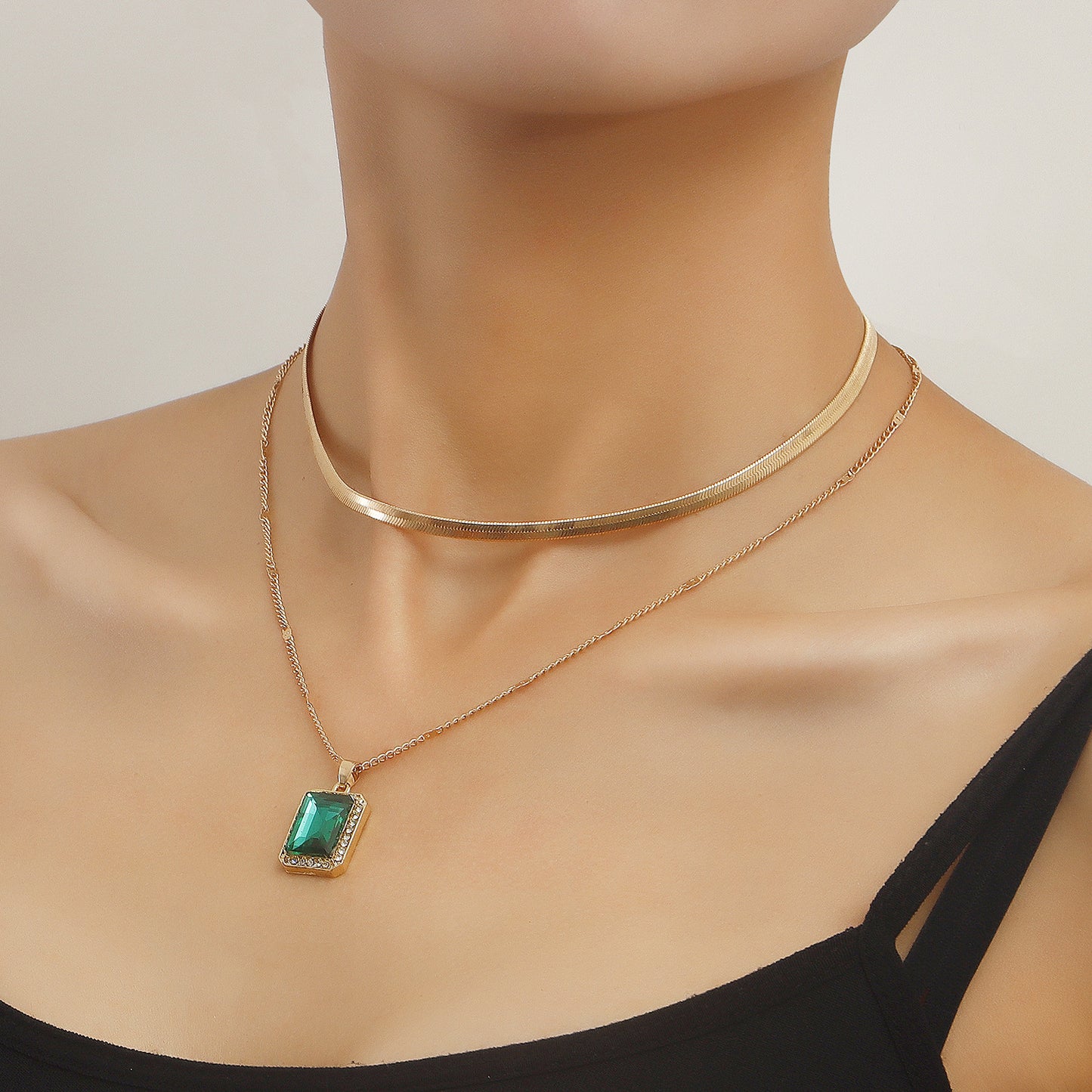 Minimalist Geometric Pendant Necklace with Double-Layer Snake Chain in Electroplated Alloy for Women
