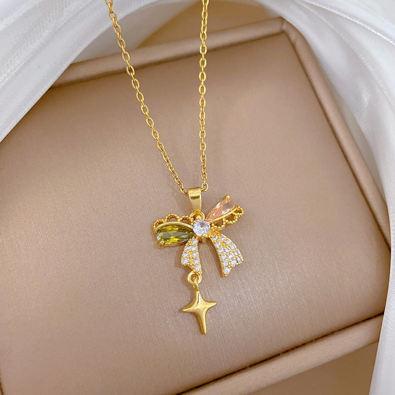 Sweet Butterfly Star Geometric Rhinestone Pendant Titanium Steel Necklace with Tassel Cable Chain for Unisex
