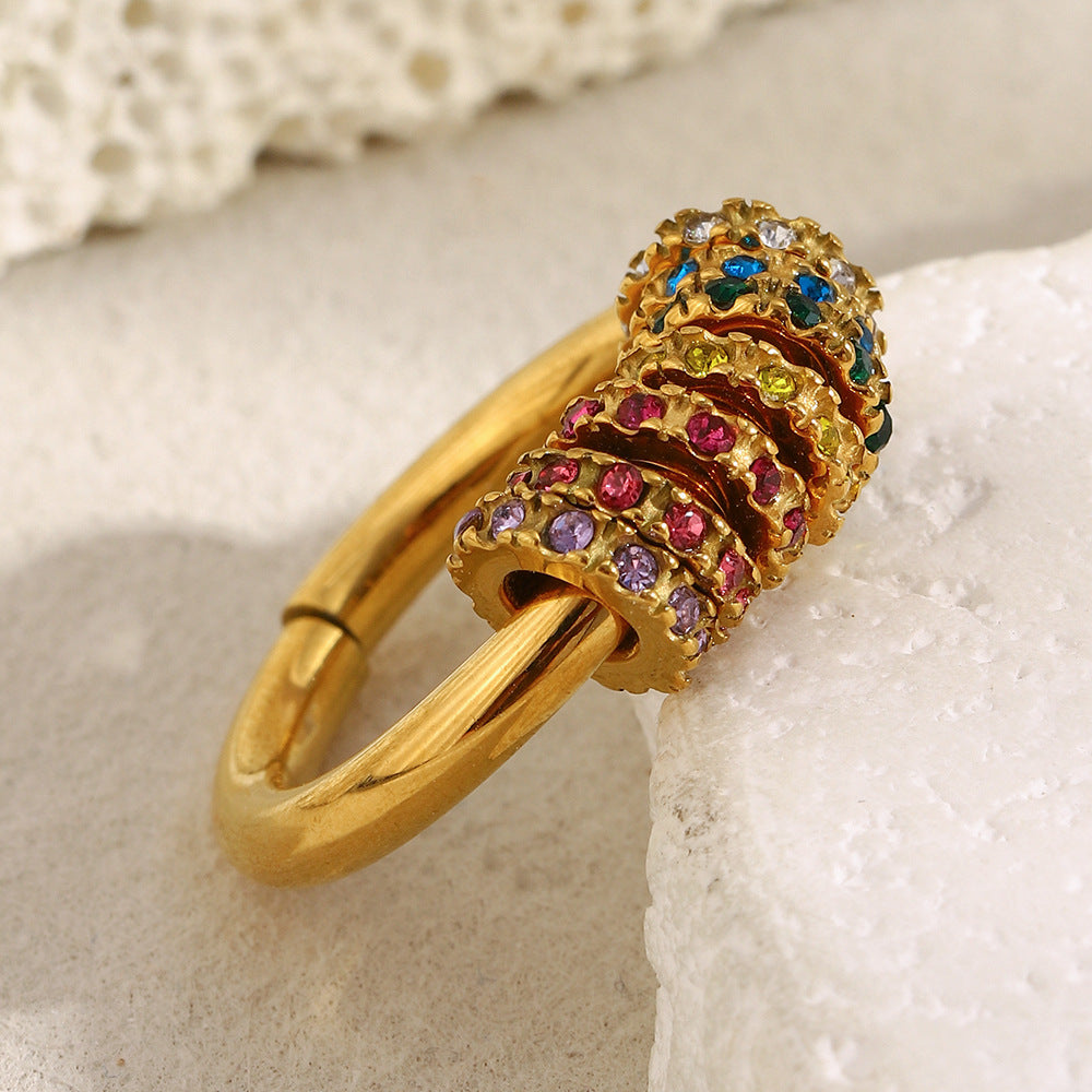Minimalist Geometric Stainless Steel Ring with 18K Gold Plating and Colored Zirconia for Women