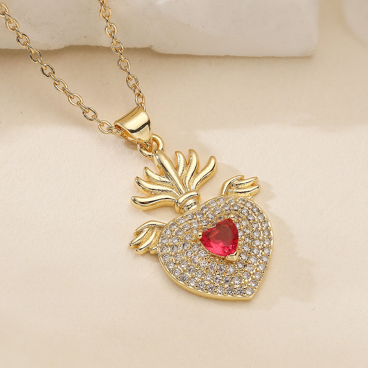 Vintage Minimalist 18K Gold Plated Brass Geometric Heart Cubic Zirconia Pendant Necklace