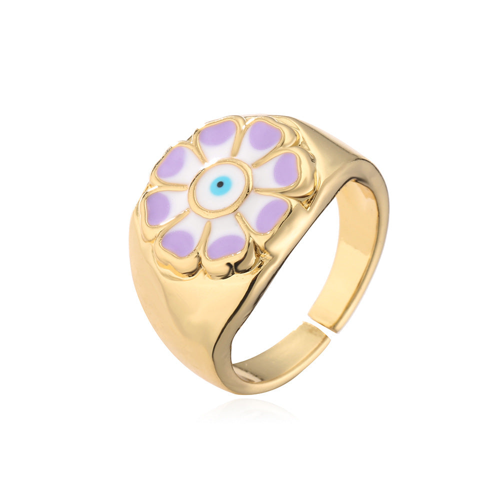 Bohemian Copper Ring with 18K Gold Plating and Enamel Floral Design for Women