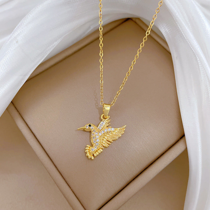 Sweet Minimalist Gold Plated Titanium Steel Bird Necklace with Rhinestone Inlay on Cable Chain for Unisex