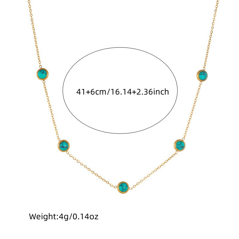 Vintage Blue Turquoise Pendant Necklace Set with Round Earrings and Bracelet Stainless Steel Plated Jewelry for Women