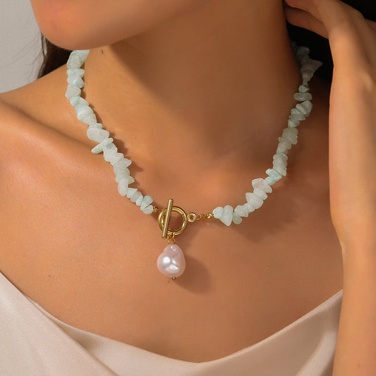 Bohemian Geometric Stone Necklace with Imitation Pearl Pendant Cable Chain Unisex