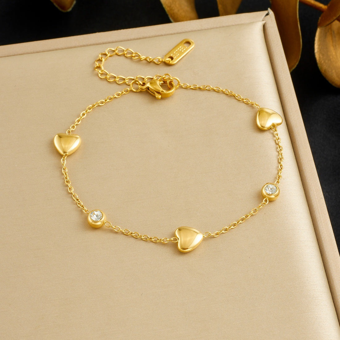 Minimalist Gold Plated Stainless Steel Heart Rhinestone Bracelet for Women