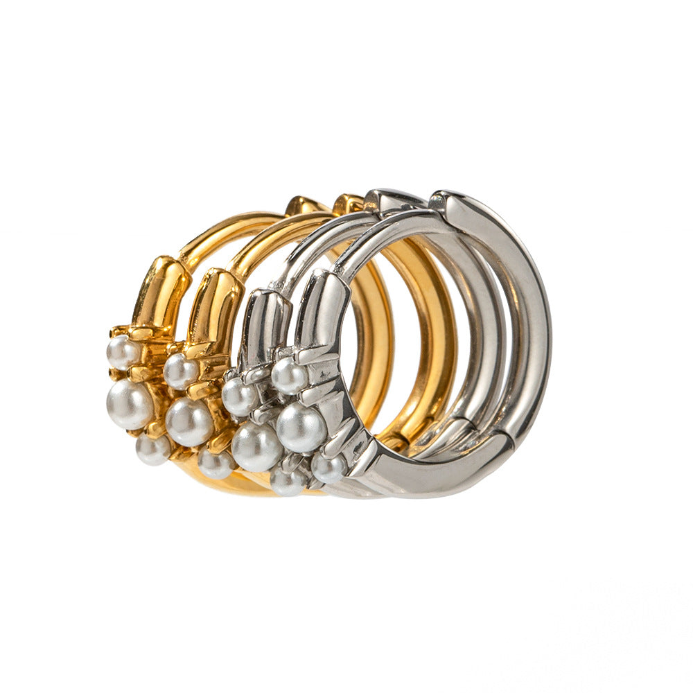 Geometric Circular Pearl Hoop Earrings for Women Stainless Steel Plated Trendy Jewelry