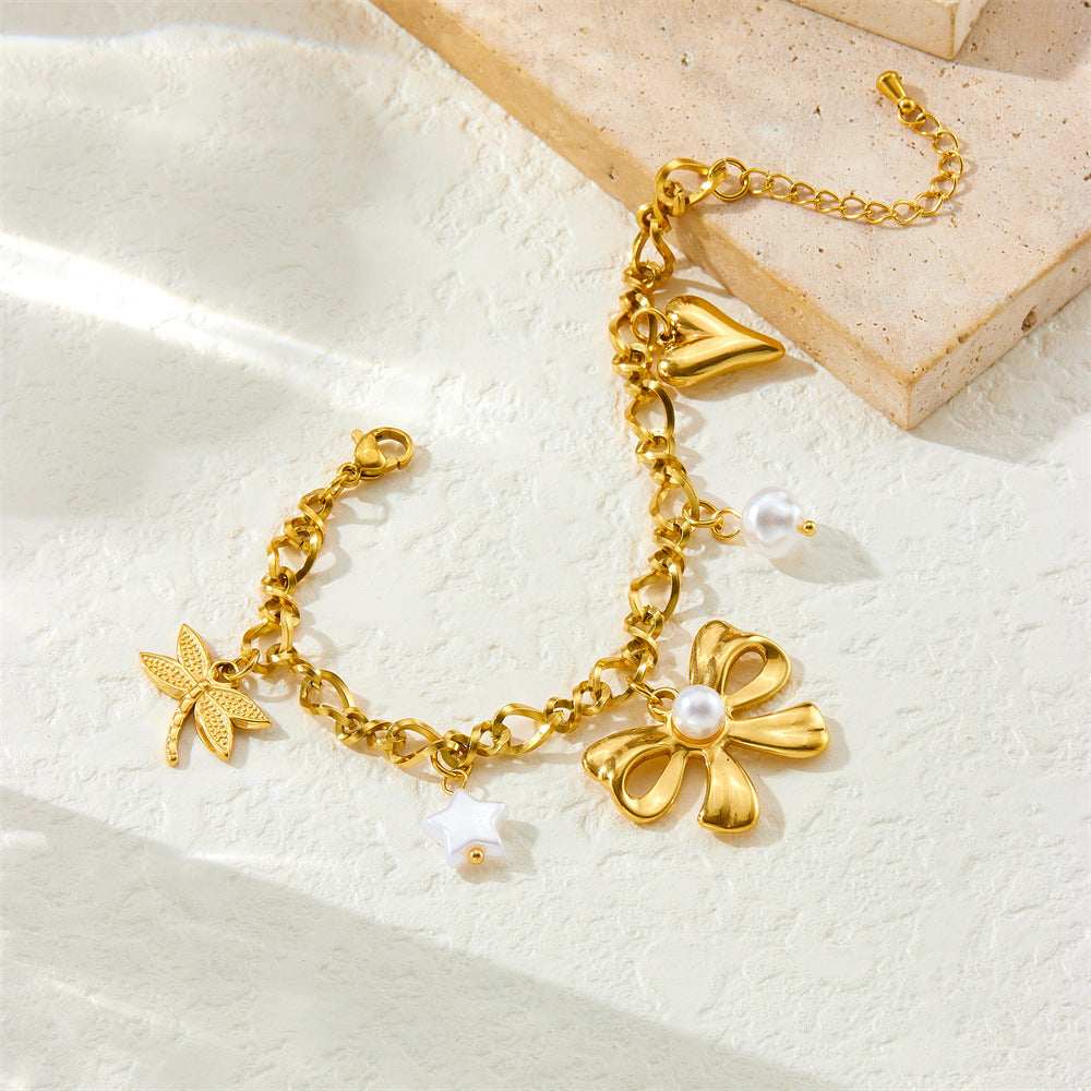 Elegant Gold Plated Stainless Steel Bow Heart Dragonfly Star Pearl Pendant Bracelet for Women