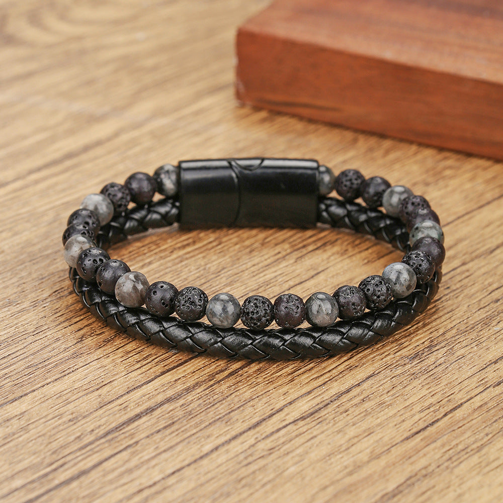 Hip-hop Round Leather Handmade Braided Multi-layer Bracelet with Magnetic Clasp