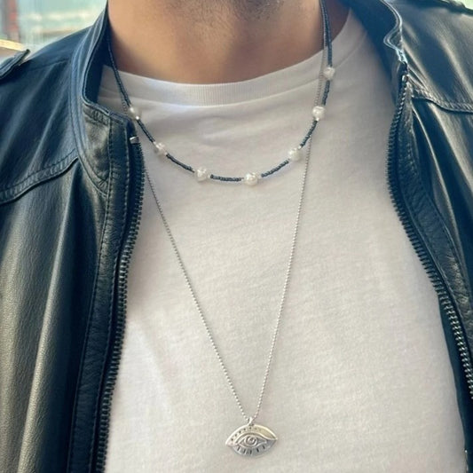 Vintage-Style Evil Eye Pendant Necklace for Men with Imitation Pearl and Copper, Geometric Design, O-Chain, Silver-Plated