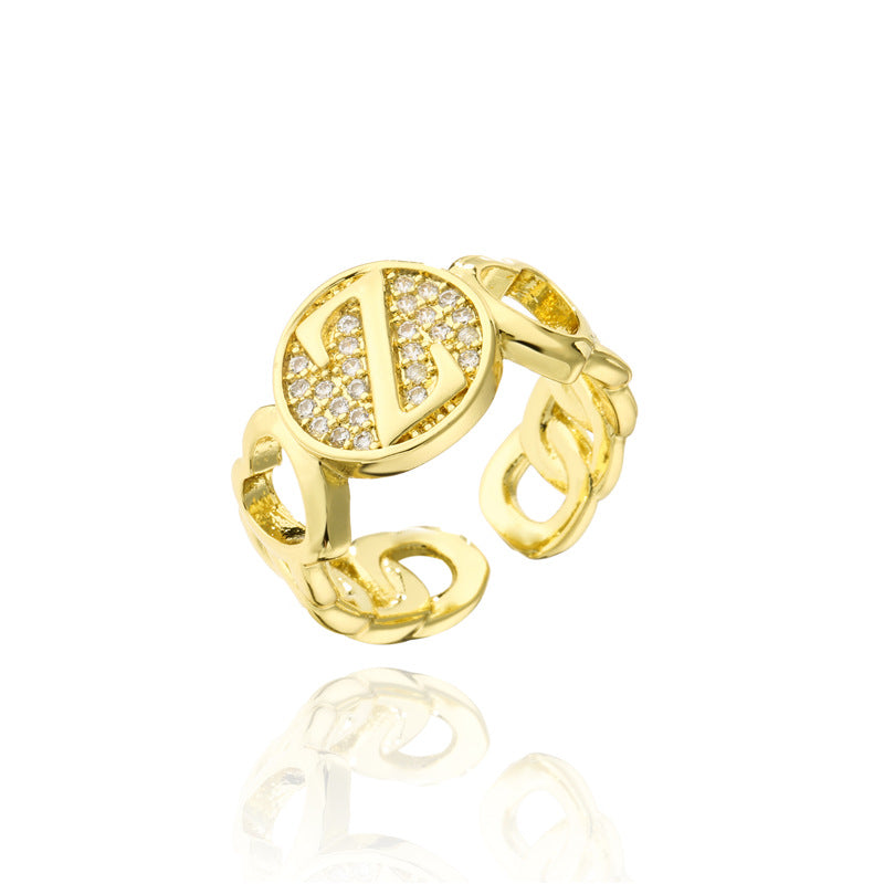 18K Gold Plated Brass Micro-Paved Cubic Zirconia Heart Letter Cuban Link Chain Open Ring for Women