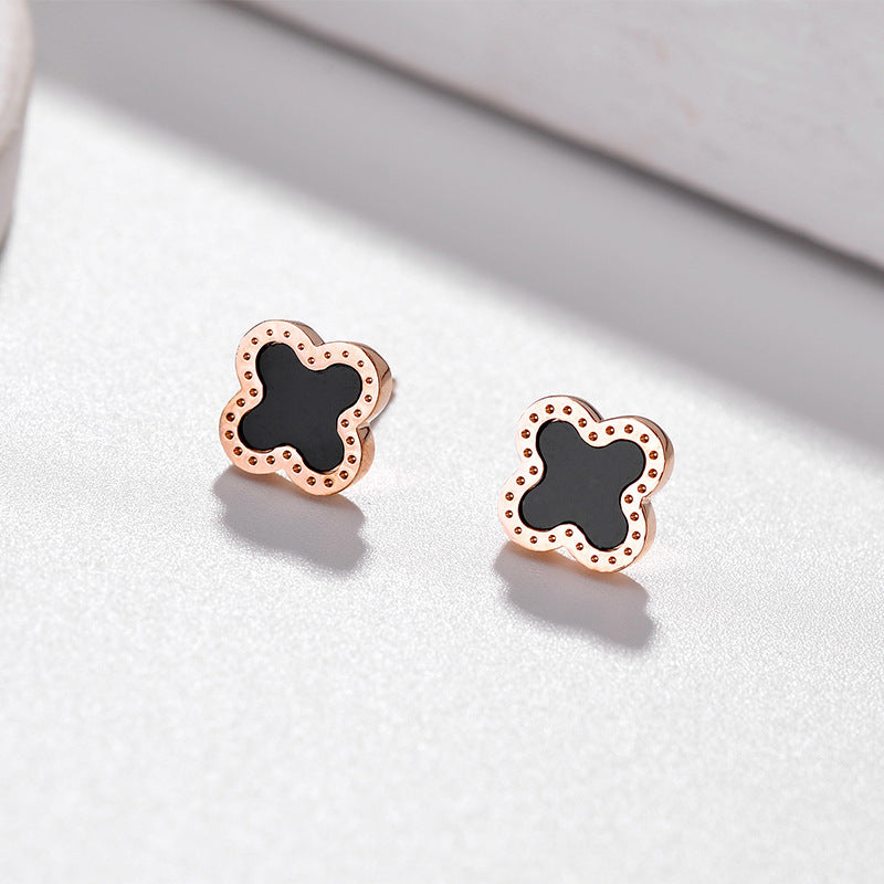 Natural Style Four-Leaf Clover Shaped Titanium Steel Earrings with Rose Gold Plating, Minimalist and Fresh Design