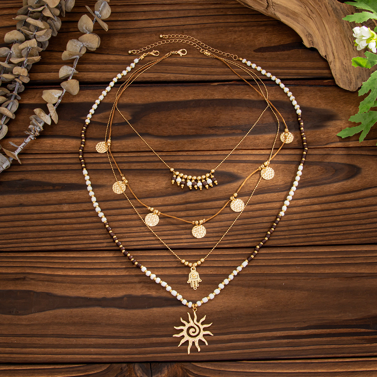 Bohemian Vintage Ethnic Geometric Alloy Plated Sunflower Pendant Necklace for Women