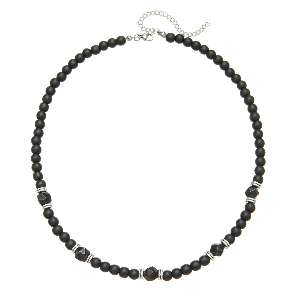 Hip-hop Punk Geometric Round Matte Stainless Steel Beaded Necklace with Alloy and Agate Pendant