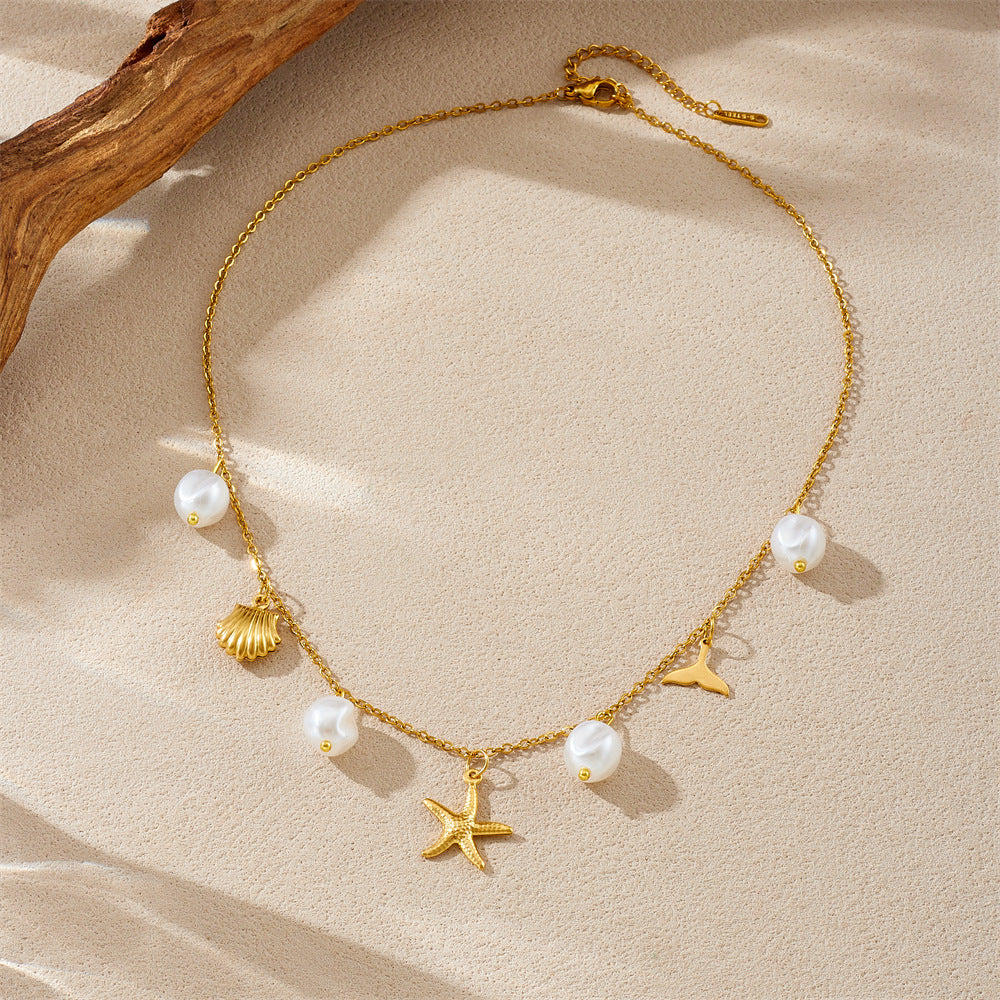 Minimalist Chic Gold Plated Irregular Starfish Mermaid Tail Seashell Pearl Pendant Stainless Steel Necklace for Women