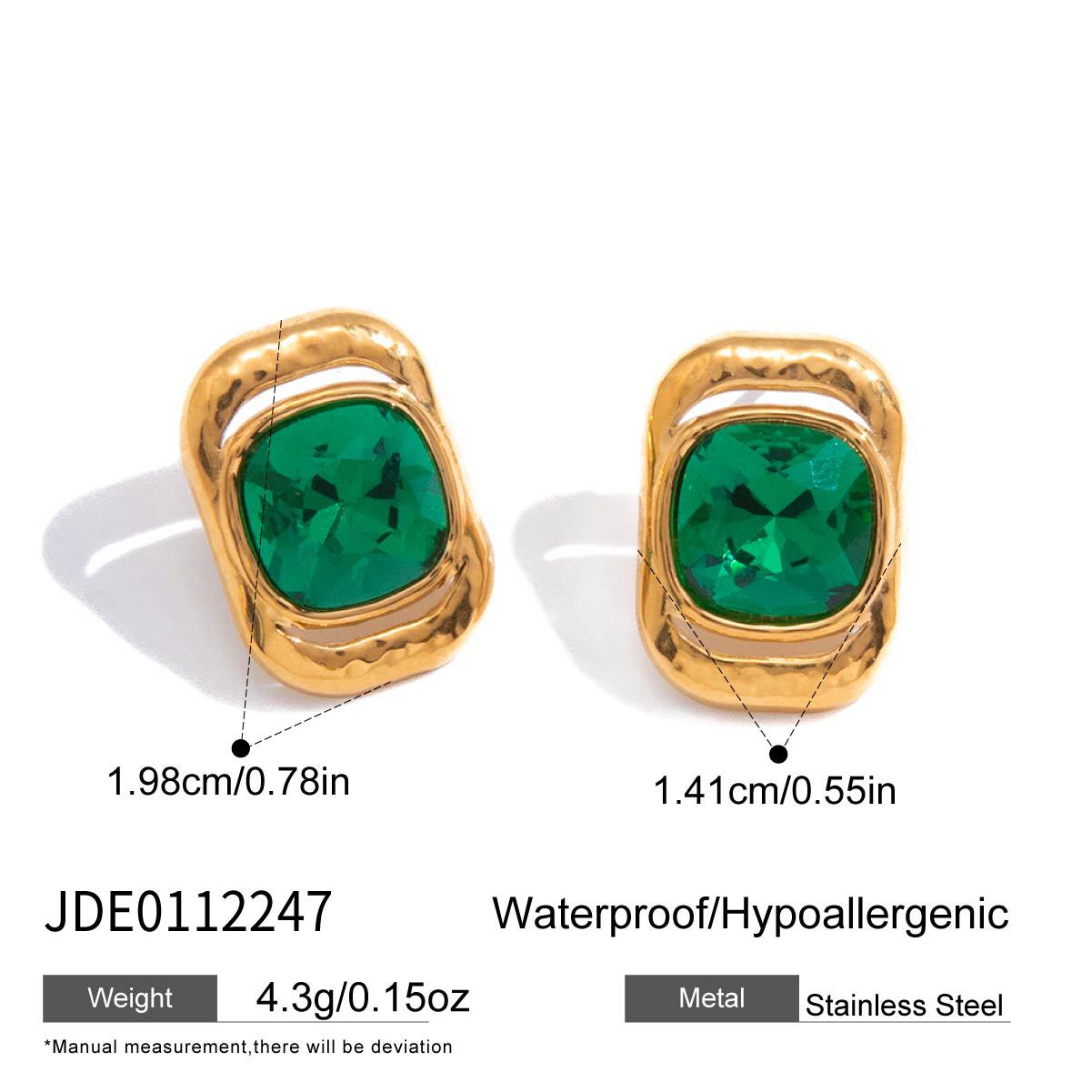 Minimalist Green Glass Square Geometric Titanium Steel Plated Necklace Bracelet Earrings Set for Women